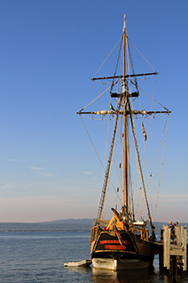 A tall ship docked at the Petoskey City Marina.